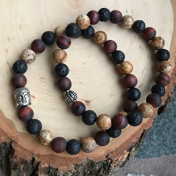 Silverskylight Other - Lava rock jasper red tiger buddha bracelets set